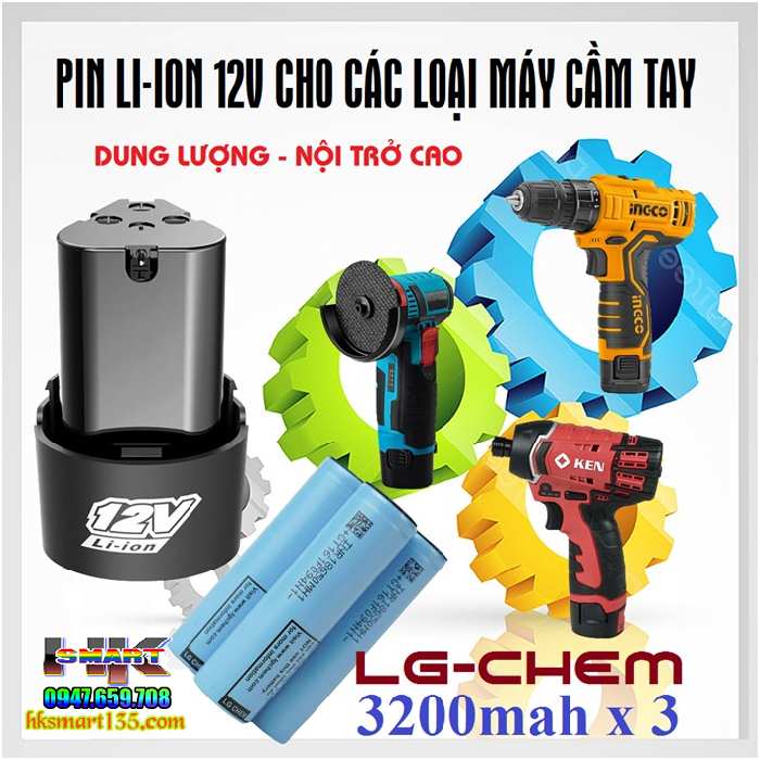 Pin Lithium-Ion 12V dung lượng cao cho máy khoan máy mài cầm tay
