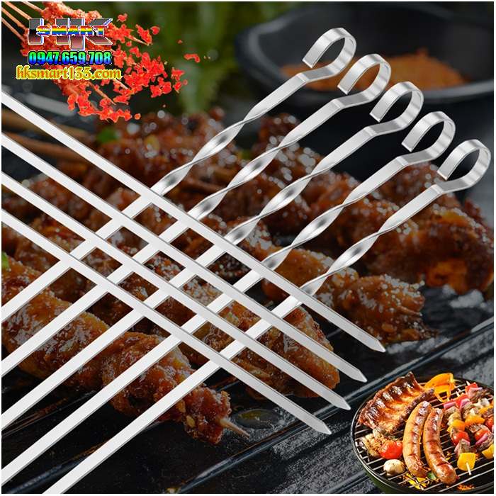 Set 12 que xiên nướng inox 30cm dẹt cán móc