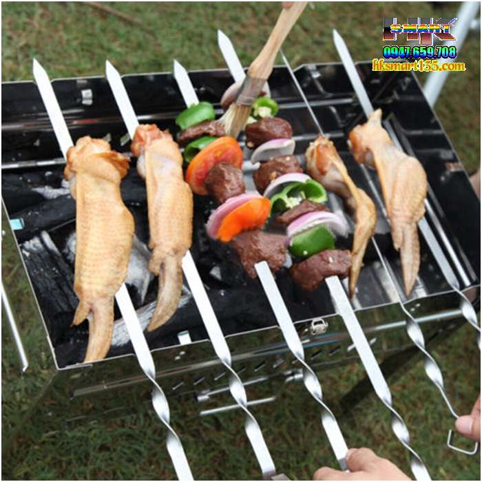 Set 12 que xiên nướng inox 30cm dẹt cán móc