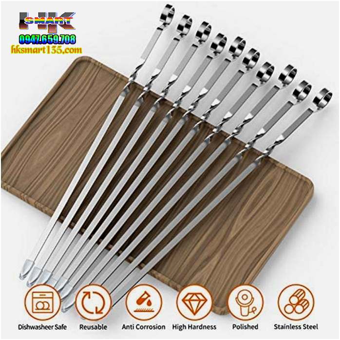 Set 12 que xiên nướng inox 30cm dẹt cán móc