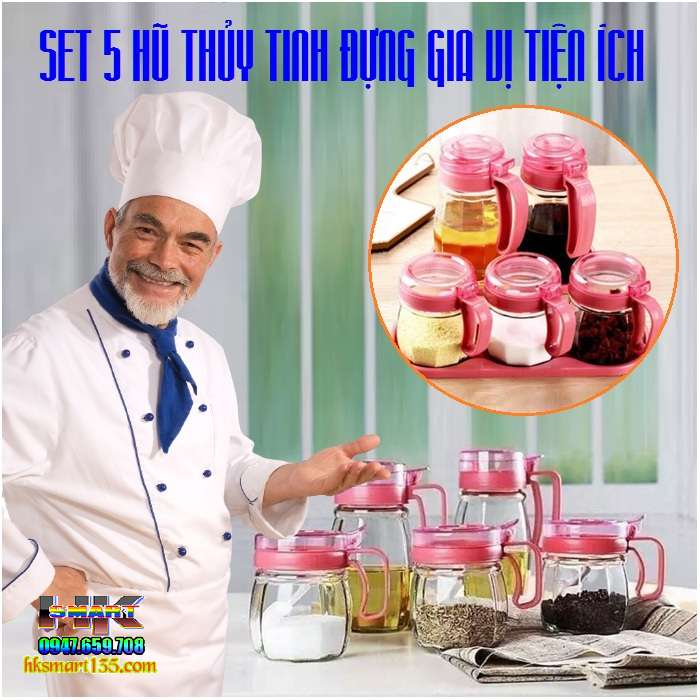Set 5 lọ thủy tinh đựng gia vị tiện dụng