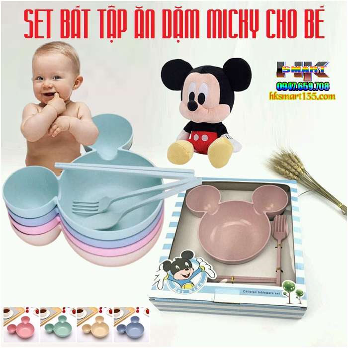 Set bát tập ăn dặm Micky chất liệu lúa mạch