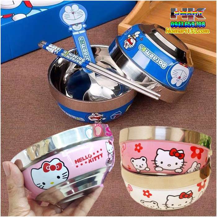 Bộ bát chống nóng hello kitty- doremon