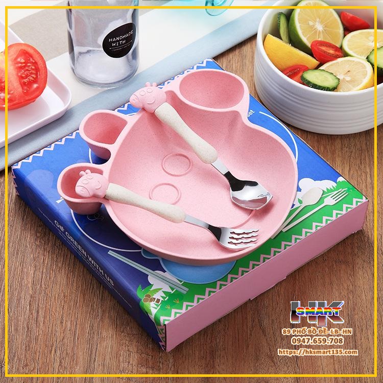Khay ăn dặm lúa mạch kèm thìa dĩa hình heo peppa