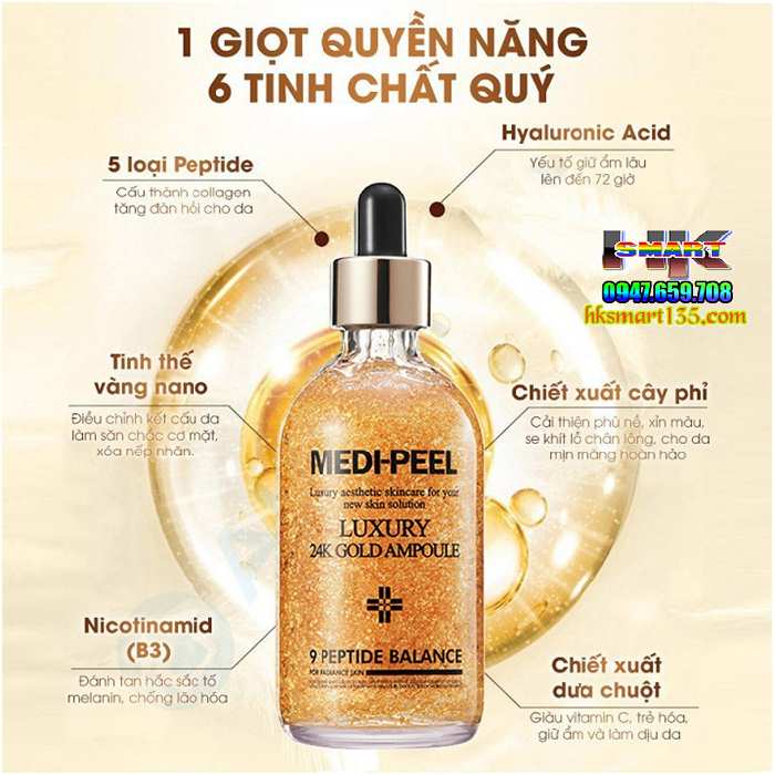 Serum Medi Peel Luxury 24k Gold Ampoule 30ml, tinh chất làm trắng da, giúp da căng bóng, ngăn ngừa lão hoá