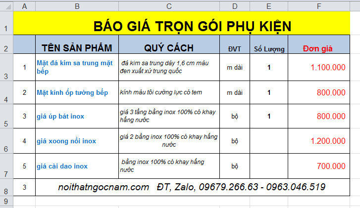 báo giá phụ kiện xoan đao