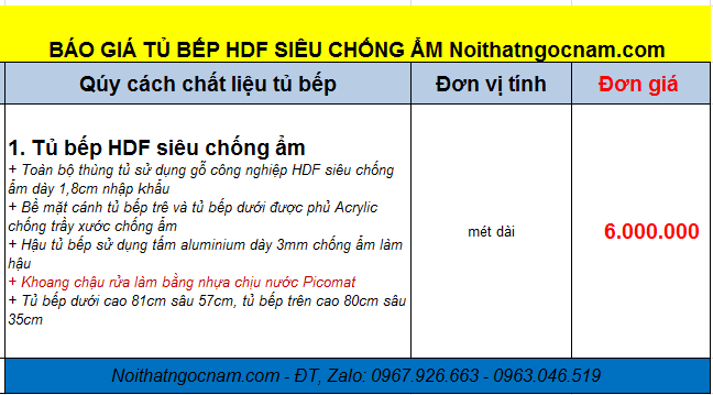 Báo giá tủ bếp gỗ công nghiệp HDF siêu chống ẩm