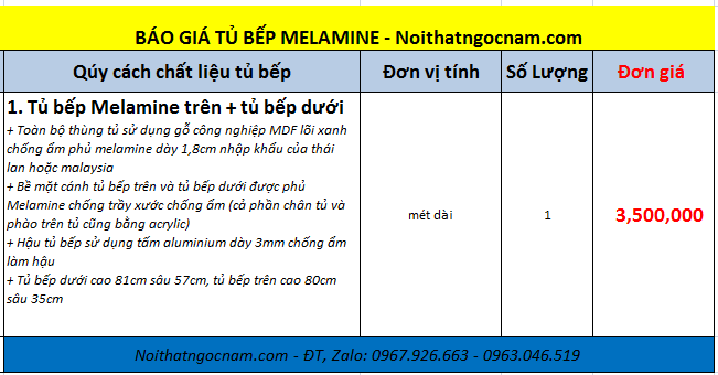 Bảng báo giá tủ bếp Melamine giá rẻ nhất hiện nay