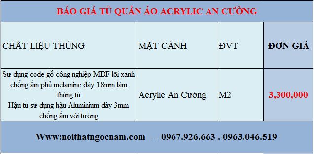 Báo giá tủ quần áo Acrylic An Cường đầy đủ mới nhất hiện nay