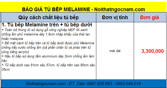 Bảng báo giá tủ bếp MDF phủ melamine giá rẻ