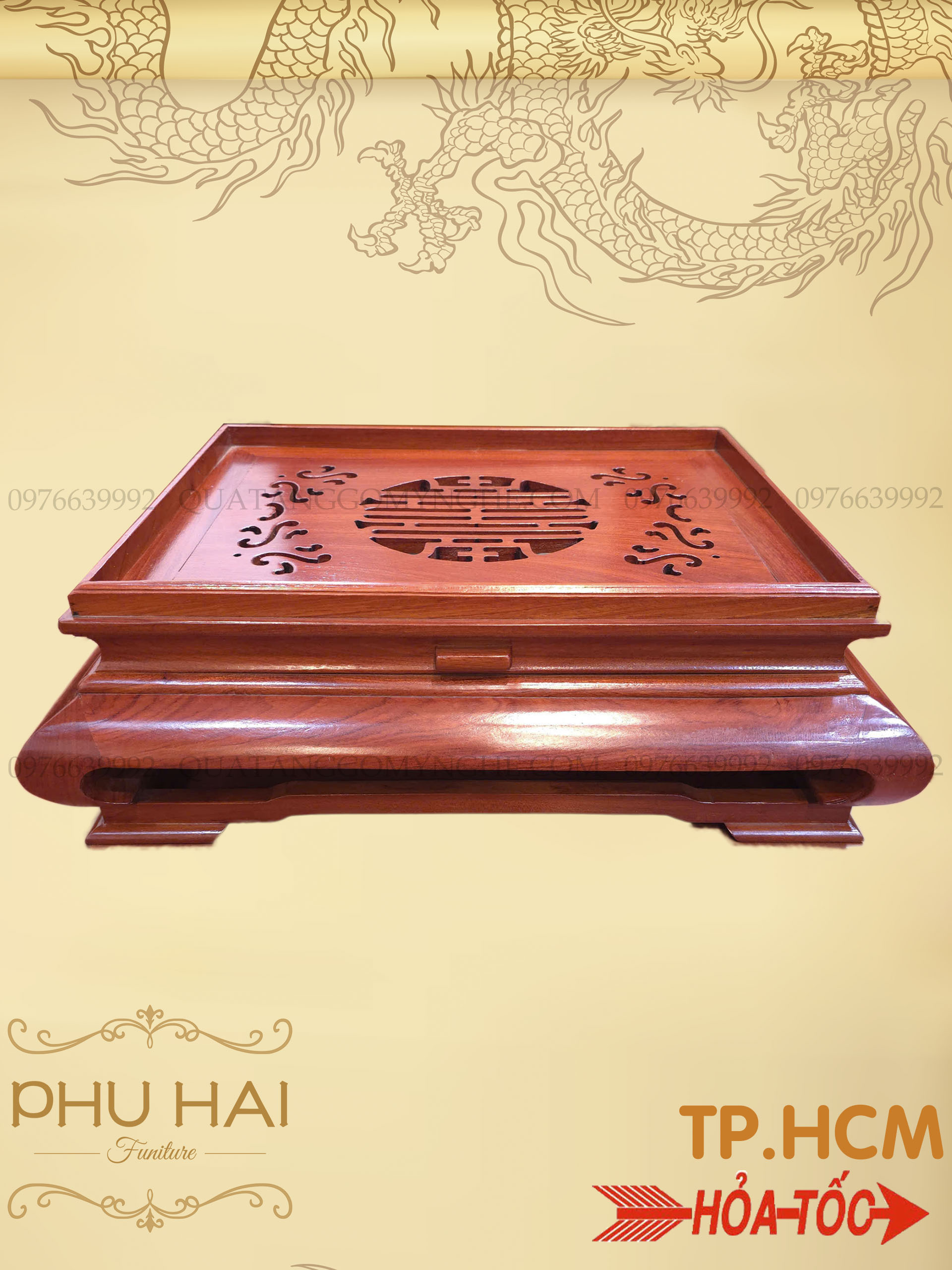 Khay Trà Chân Cong Gỗ Hương 48 x 38 cao 15cm