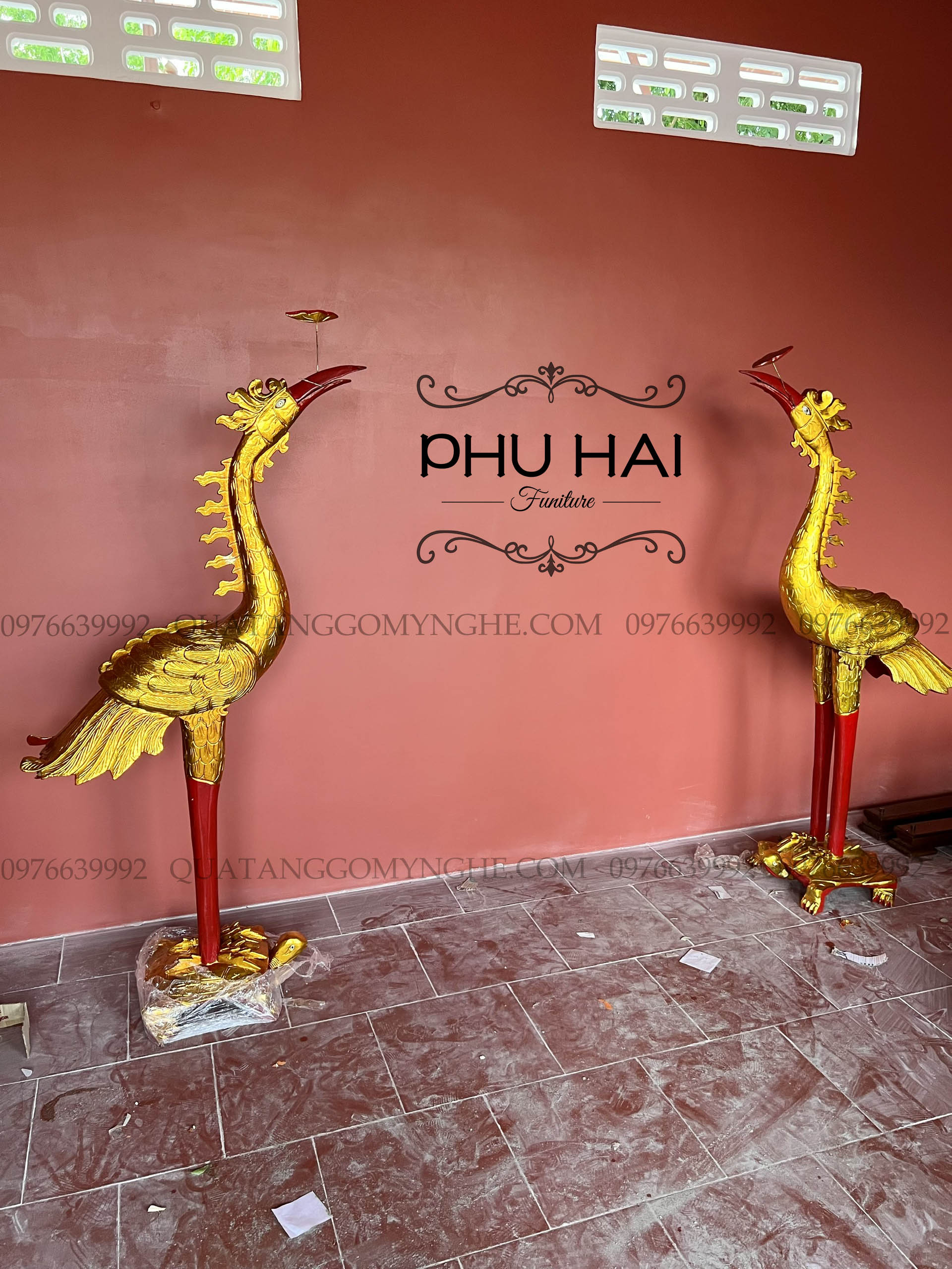 Đôi Hạc Thờ Bằng Gỗ Dát Vàng Cao Từ 1m65 đến 2m17
