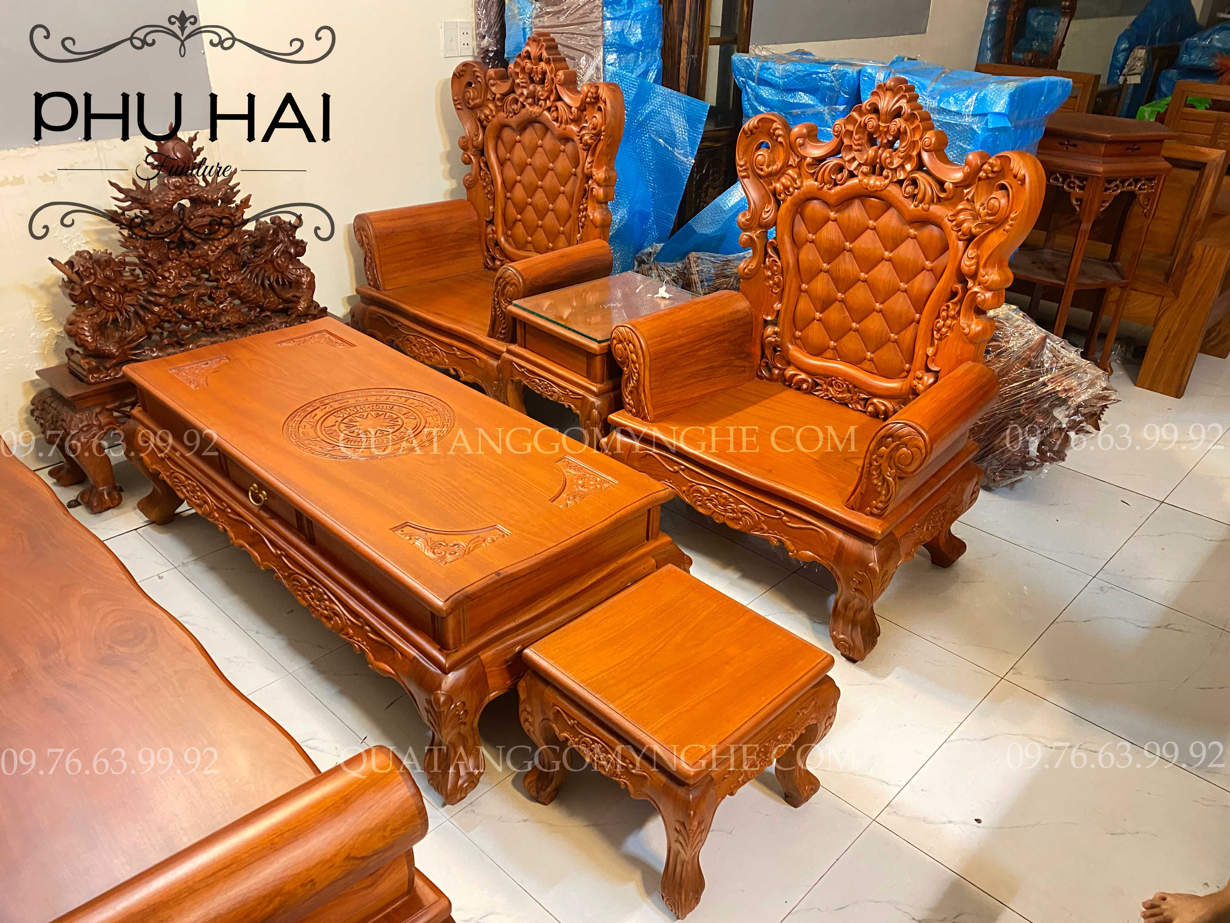 Bàn Ghế Hoàng Gia Gỗ Gõ Đỏ 6 Món Mặt Liền