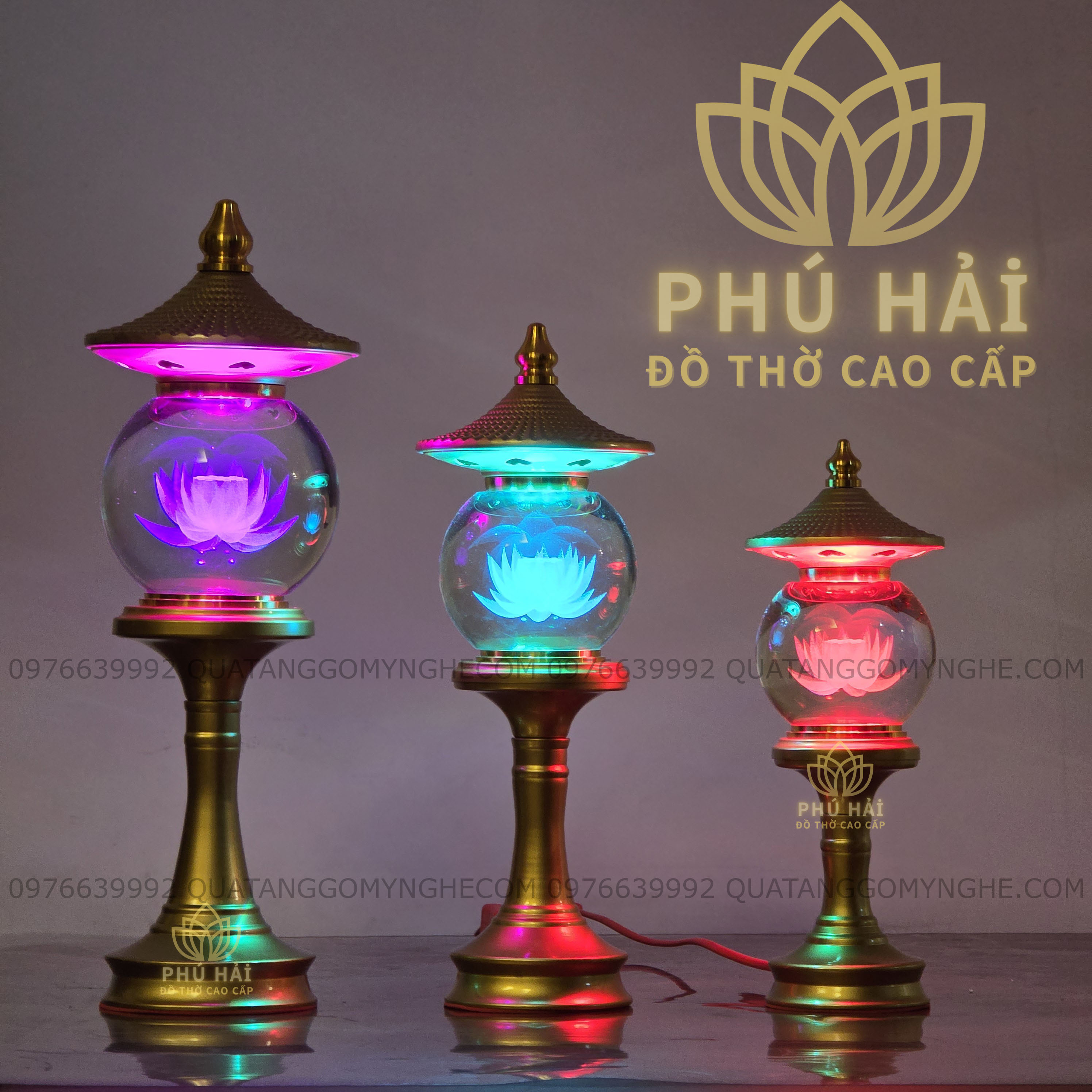 Đèn Thờ Chốp Cầu Pha Lê Hoa Sen Thân Hợp Kim Vàng 26 28 33 40 cm