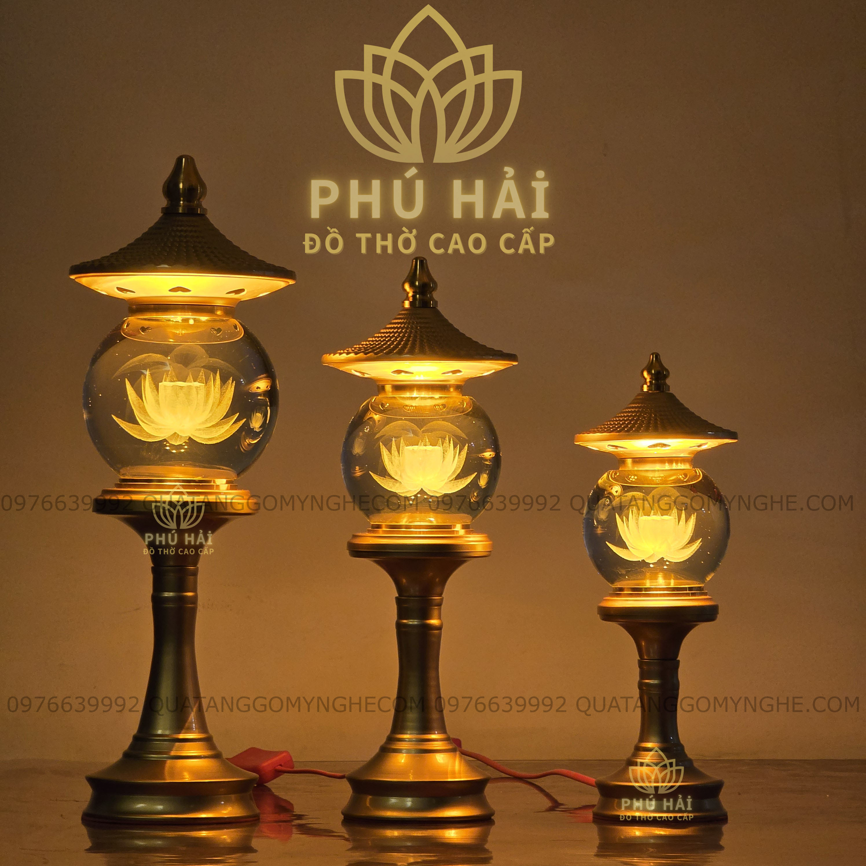 Đèn Thờ Chốp Cầu Pha Lê Hoa Sen Thân Hợp Kim Vàng 26 28 33 40 cm