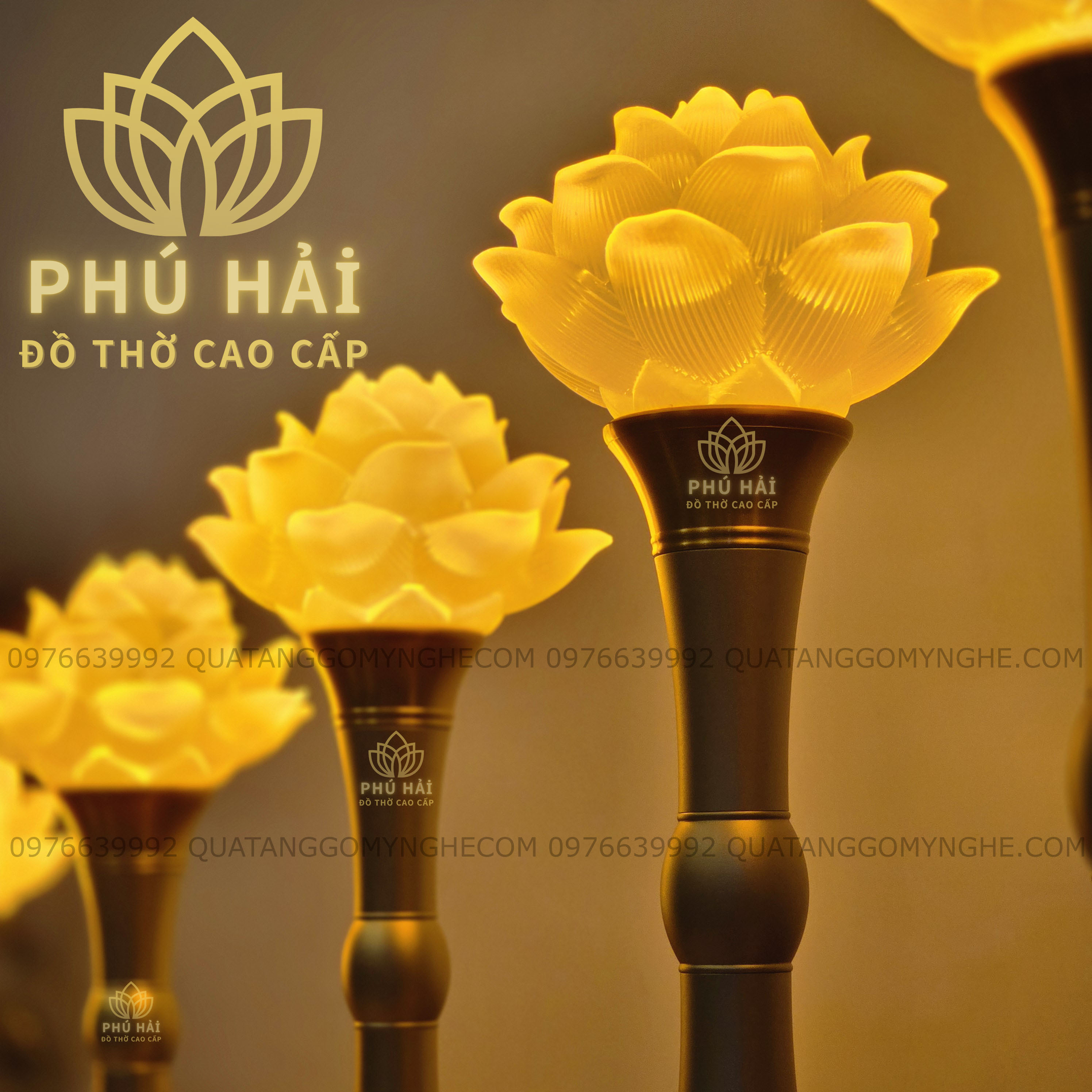 Đôi Đèn Thờ Hoa sen 1 Bông Lưu Ly Cao Cấp Loại 1