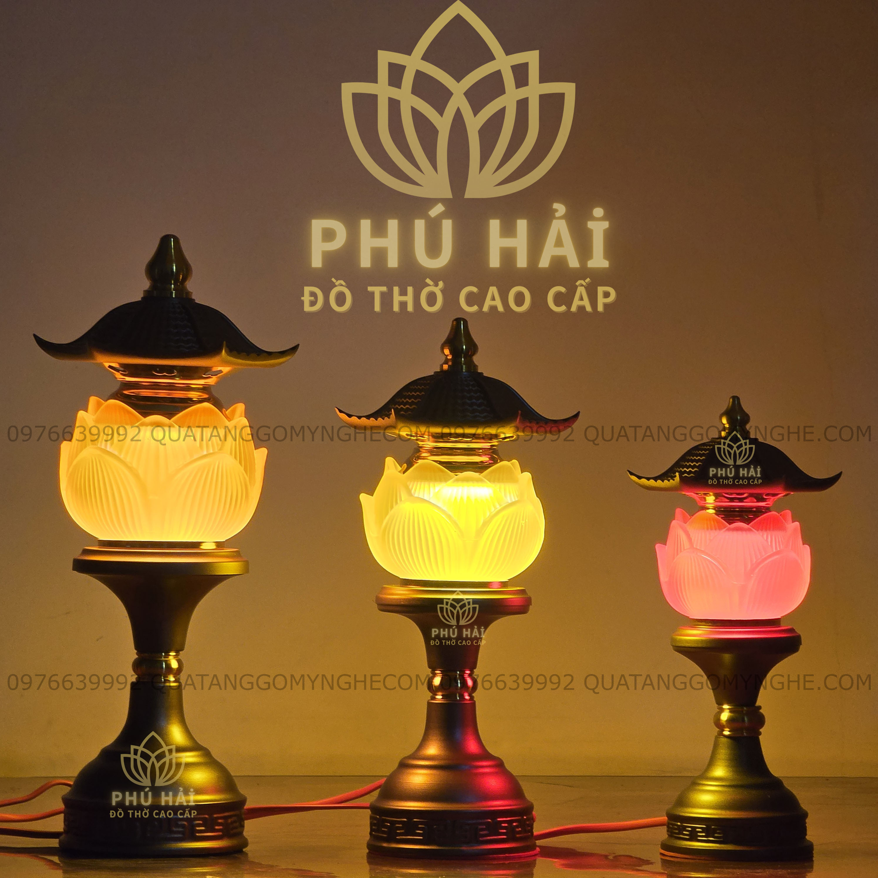 Đèn Hoa Sen 1 Bông Mái Chùa Dâng Bàn Thờ Cao 25 30 35 cm