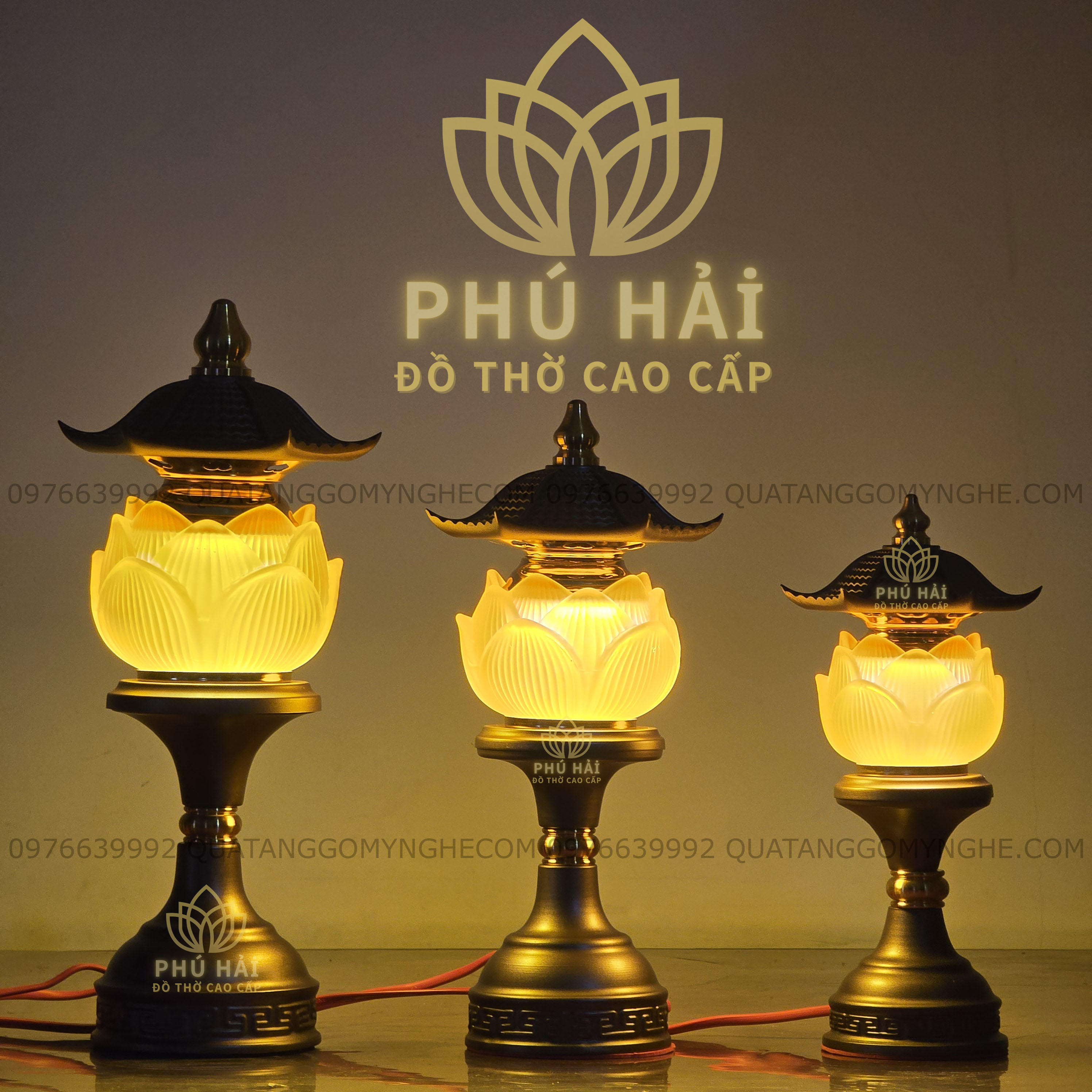 Đèn Hoa Sen 1 Bông Mái Chùa Dâng Bàn Thờ Cao 25 30 35 cm