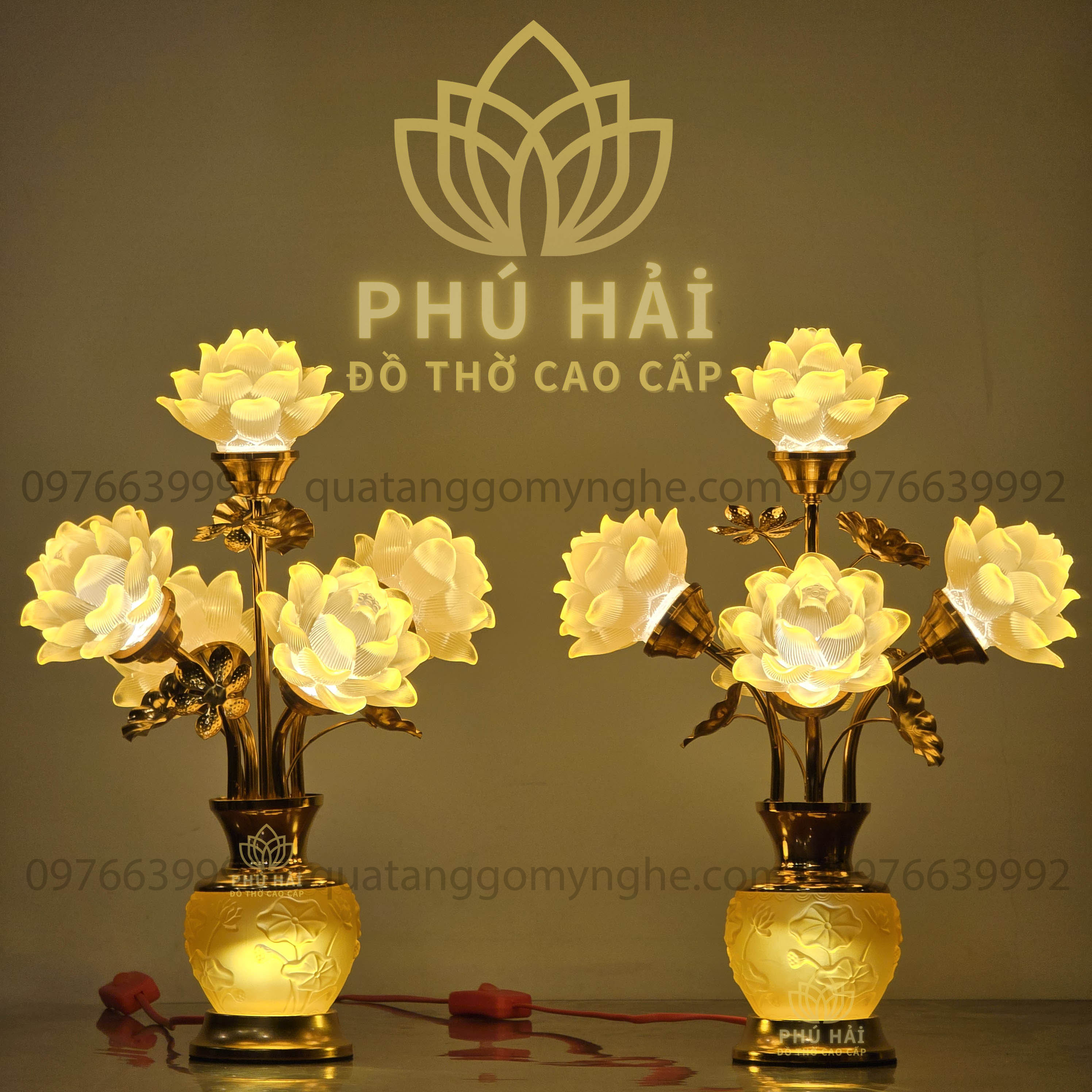 Đèn Thờ 5 Bông Hoa Sen Bầu Nổi Khối Cao 40 Cm Nhỏ Gọn