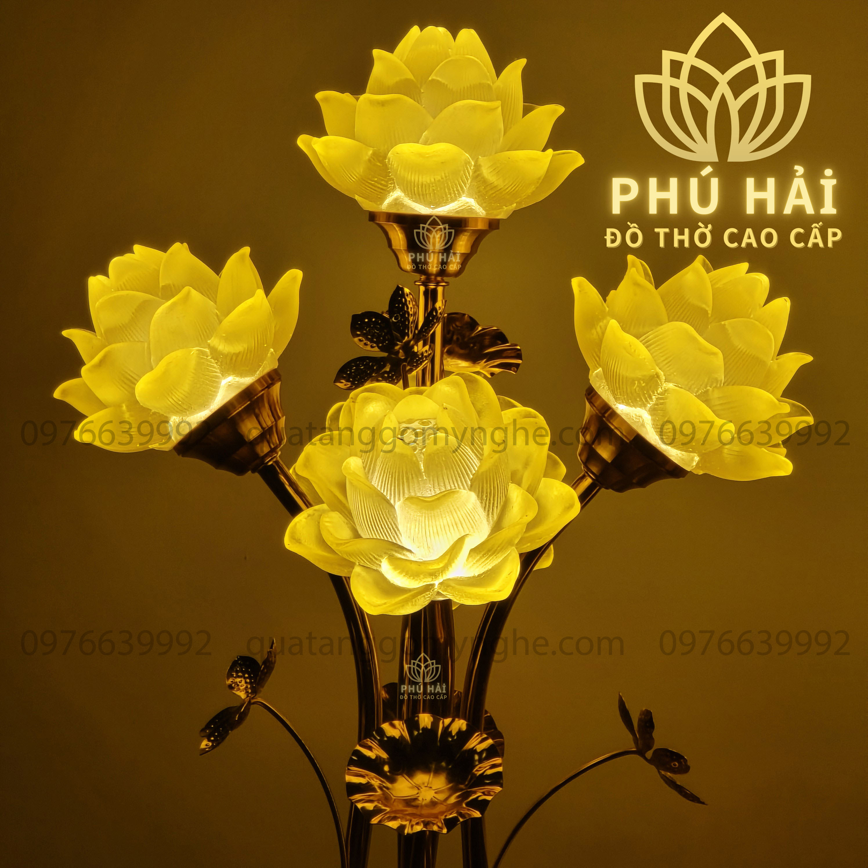 Đèn thờ 5 Bông Hoa Sen Lưu Ly Bầu Tròn Nhỏ Gọn Chân Thấp Cao 48 Cm