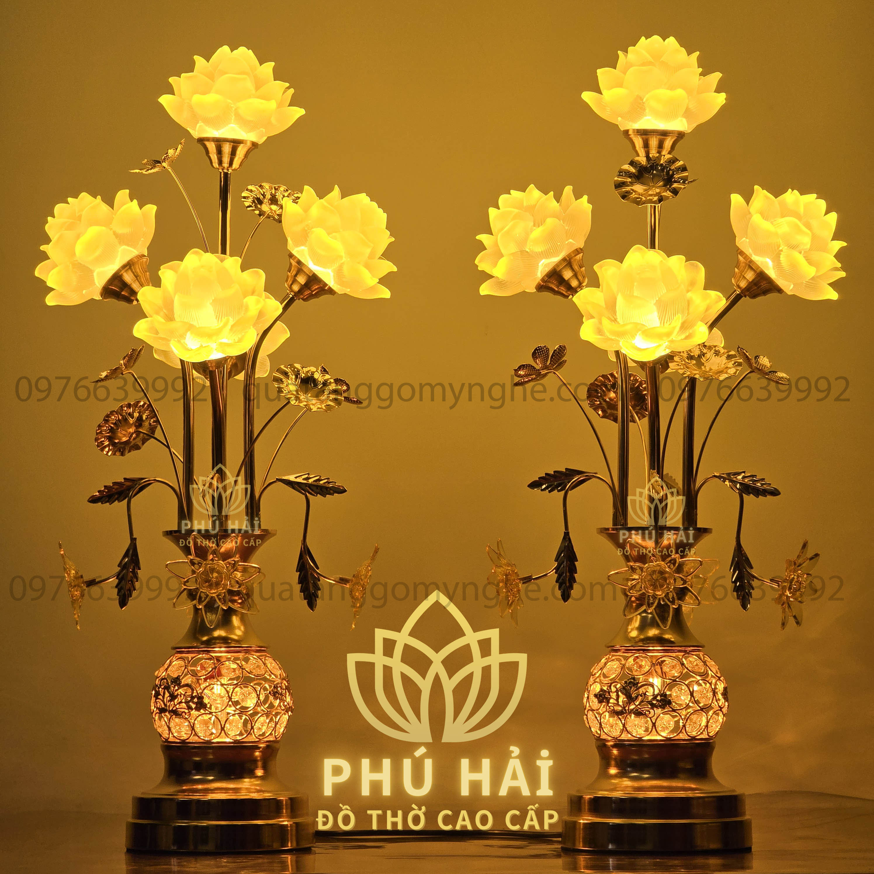Đèn Thờ 5 Bông Hoa Sen Thân Đan Lỗ Cao 60 65 cm Cao Cấp