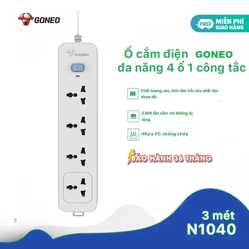 Ổ Cắm Điện Chống Cháy GONEO 4 Ổ Đa Năng 1 Công Tắc 2500W – N1040 - Chính Hãng