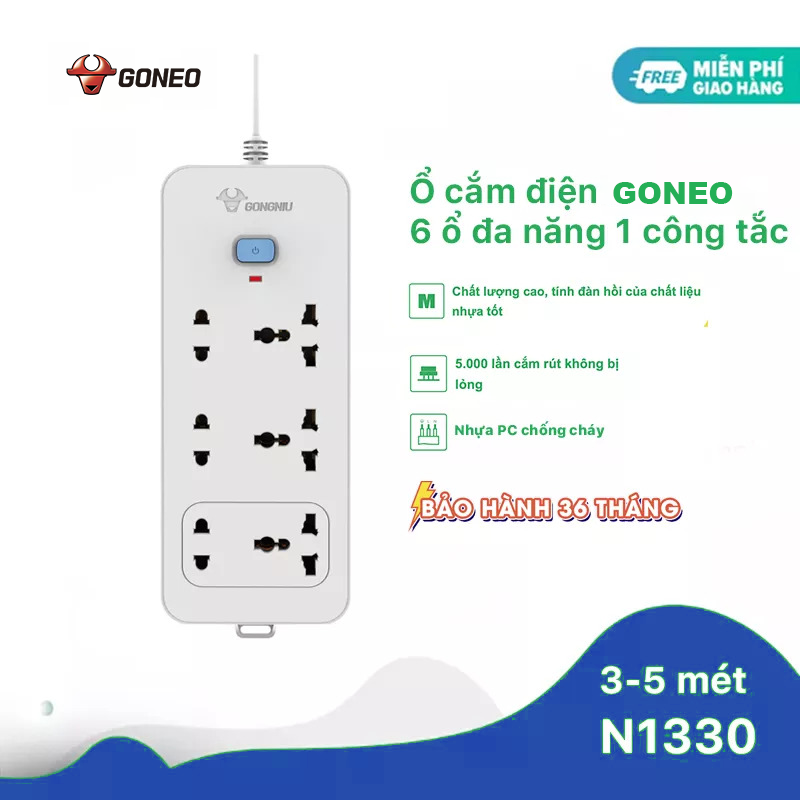 Ổ Cắm Điện Chống Cháy GONEO 6 Ổ Đa Năng 1 Công Tắc – Công Suất 10A/250/2500W – Trắng – Chính Hãng (N1330)