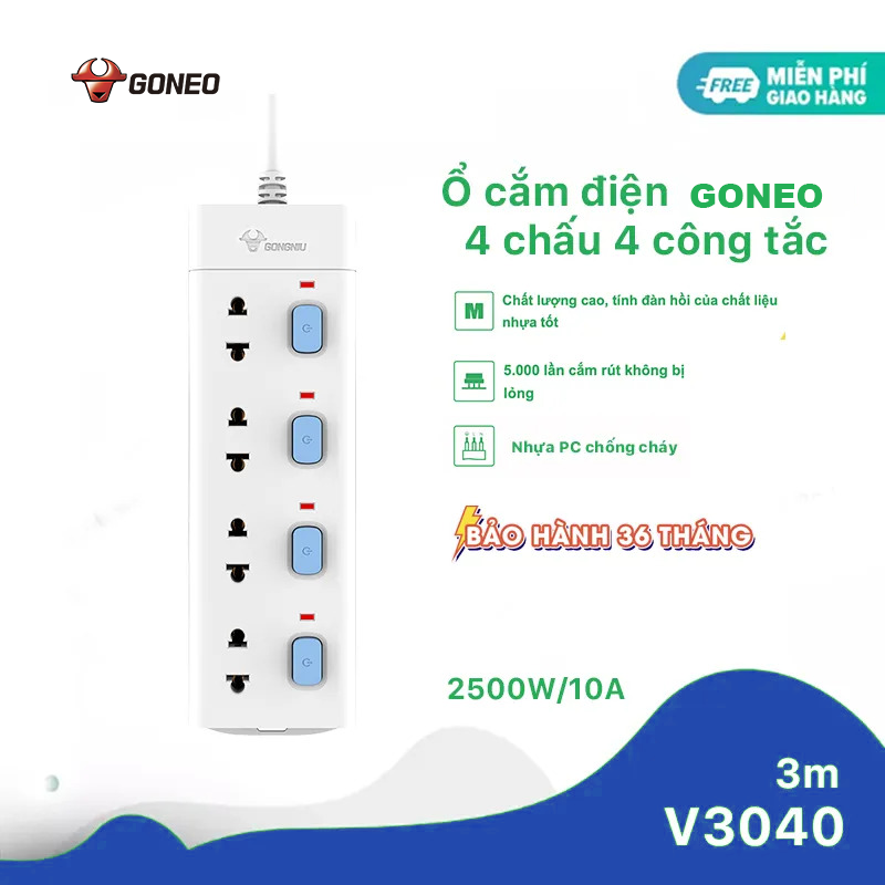 Ổ Cắm Điện Chống Cháy GONEO Đa Năng 4 Ổ 4 Công Tắc – Công Suất 10A/250/2500W – Trắng – Chính Hãng (V3040)