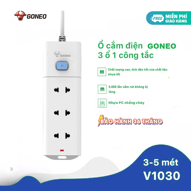 Ổ Cắm Điện Chống Cháy GONEO Đa Năng 3 Ổ 1 Công Tắc – Công Suất 10A/250/2500W – Trắng – Chính Hãng (V1030)