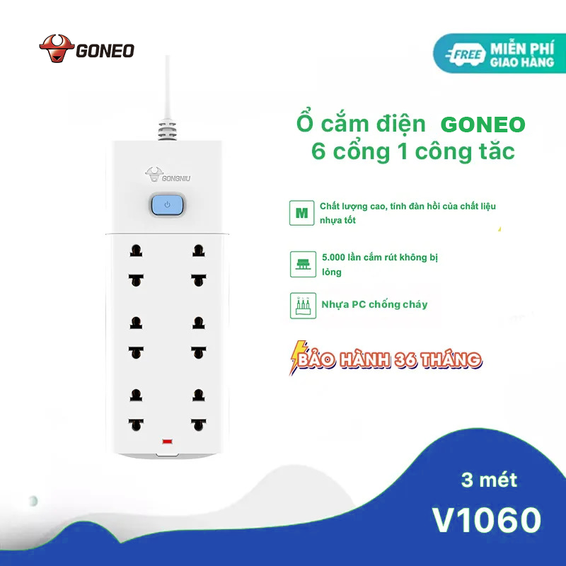 Ổ Cắm Điện Chống Cháy GONEO Đa Năng 6 ổ 1 Công Tắc – Công Suất 10A/250/2500W – Trắng – Chính Hãng (V1060)