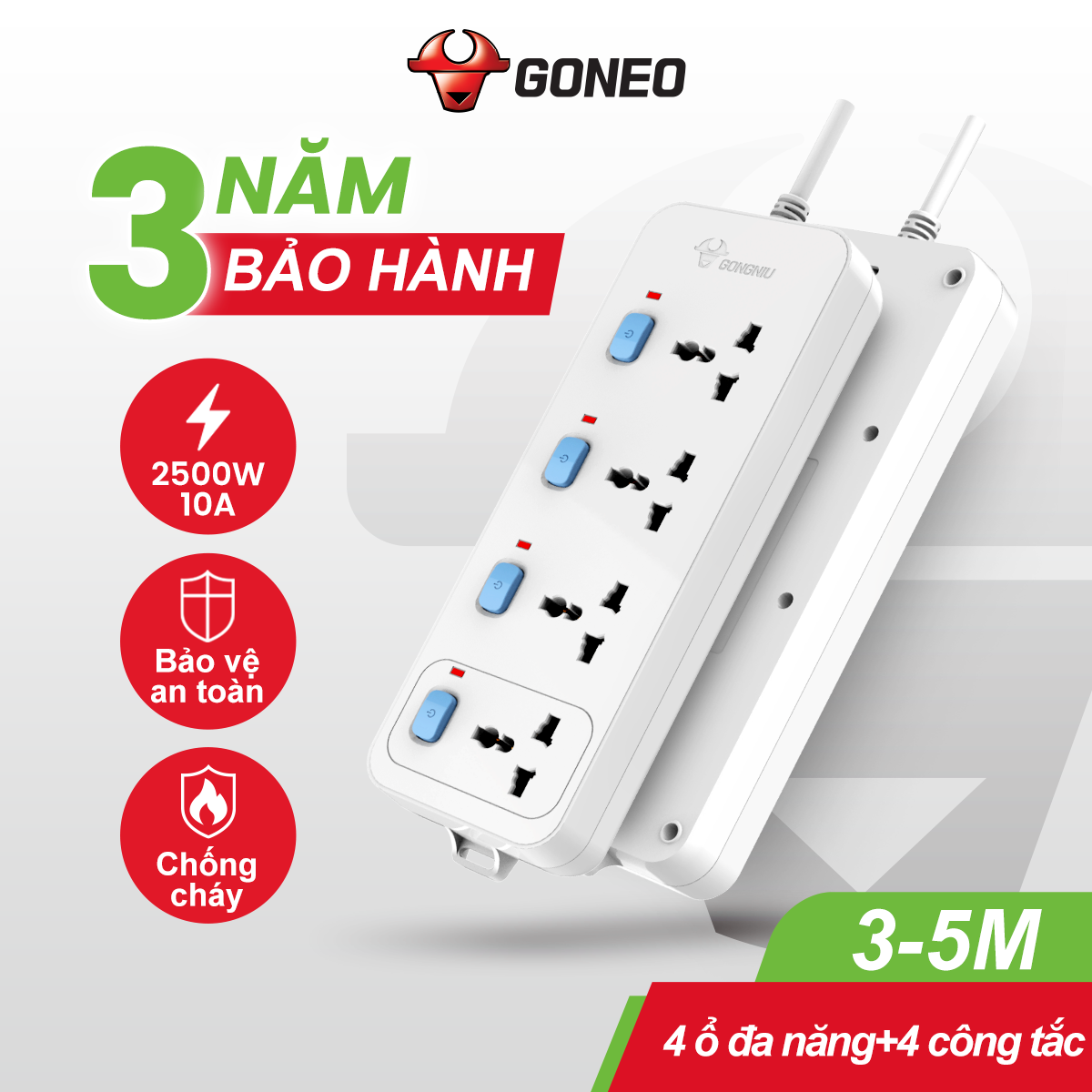 Ổ Cắm Điện Chống Cháy GONEO 4 Ổ Đa Năng 4 Công Tắc – Công Suất 10A/250/2500W – Trắng – Chính Hãng (N3040)
