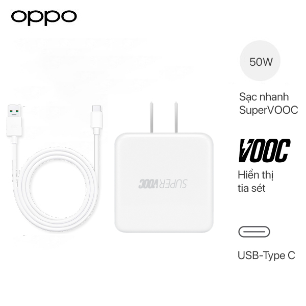 Bộ Sạc Cáp SuperVOOC Oppo Reno5 50W - Cáp SuperVOOC Type-C (Chân Trắng)