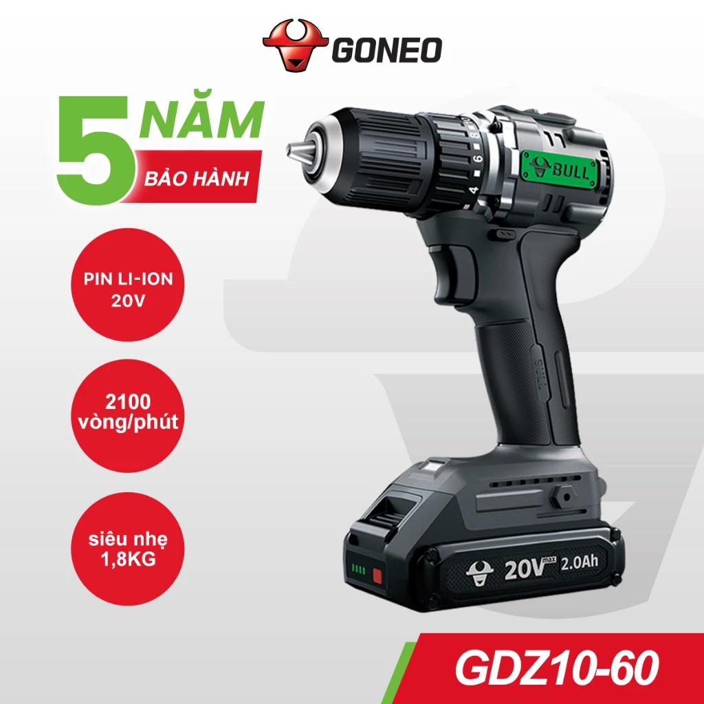 Máy Khoan Bắt Vít Cầm Tay GONGNIU GDZ10-60 - An Toàn Tiện Lợi - Dùng Pin Li-ion 20V - 2100 vòng/phút