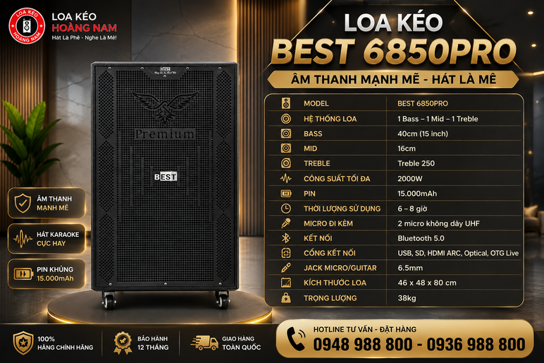 Loa kéo BEST 6850PRO bass 40cm với hệ thống micro và DSP