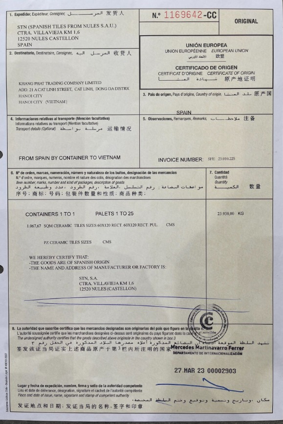 GIẤY CHỨNG NHẬN NUỒN GỐC NHẬP KHẨU