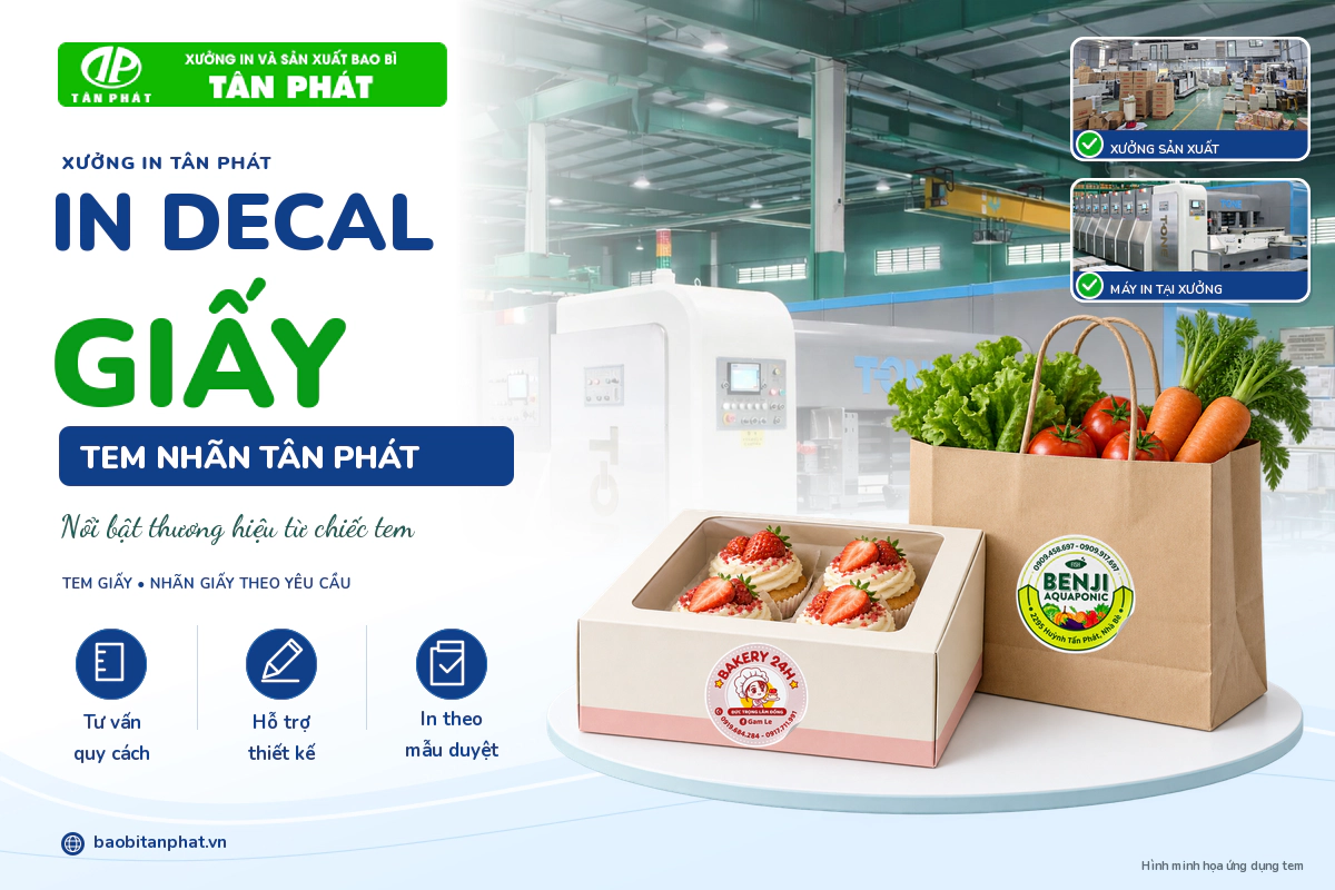 Mẫu tem decal giấy trên hộp và túi sản phẩm tại Tân Phát