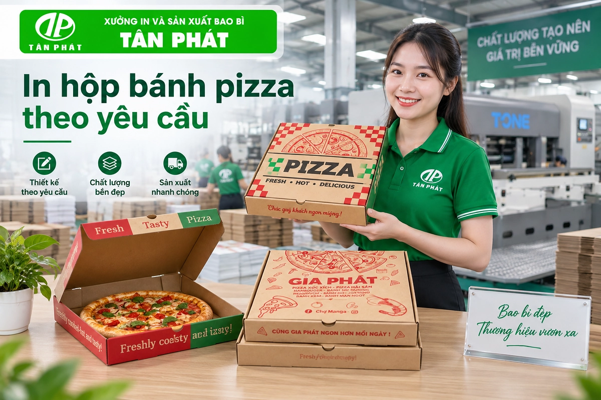 In hộp bánh pizza theo yêu cầu tại Bao bì Tân Phát