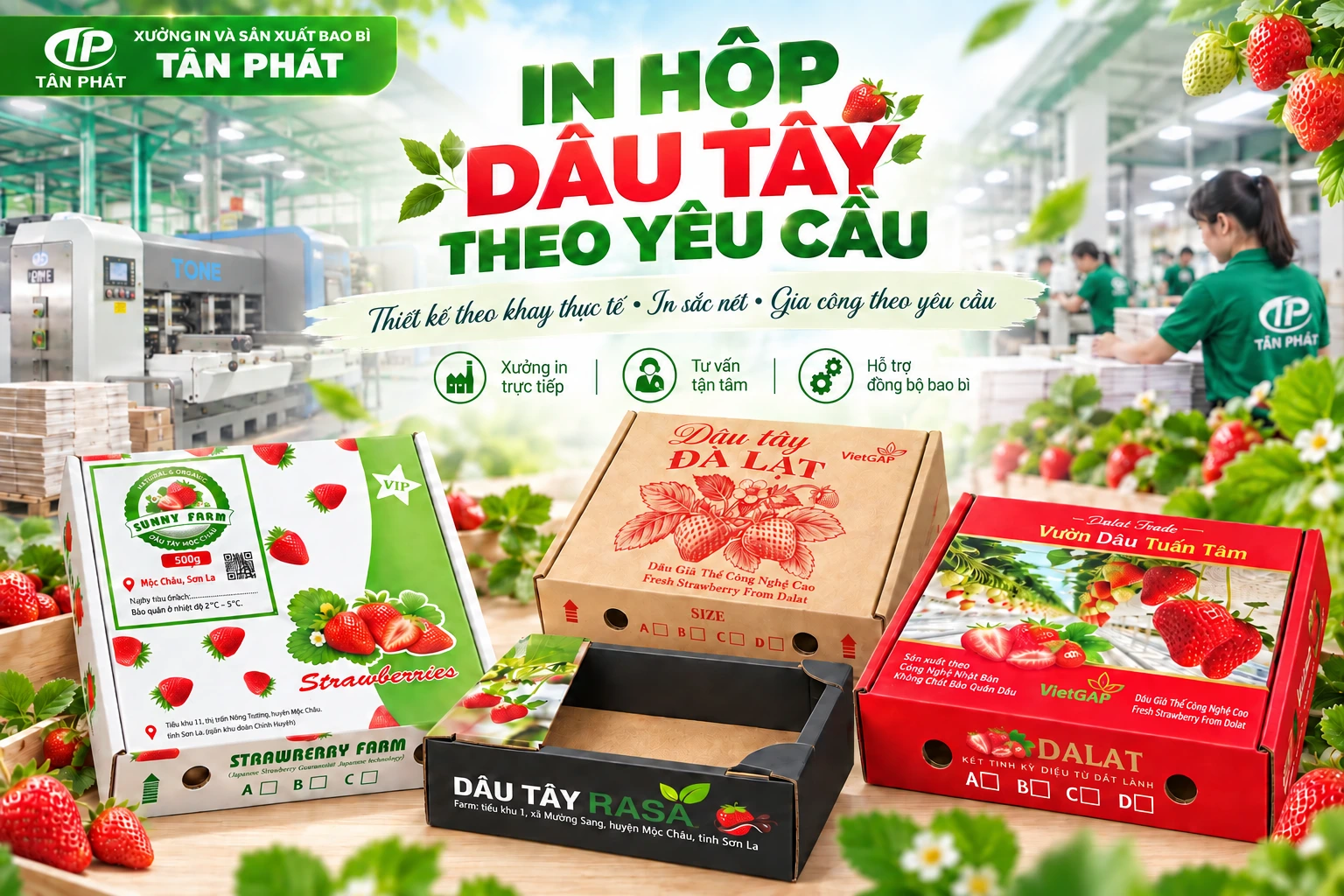 In hộp dâu tây theo yêu cầu tại Bao bì Tân Phát