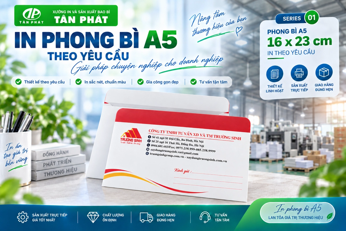 Mẫu in phong bì A5 theo yêu cầu với nhận diện doanh nghiệp