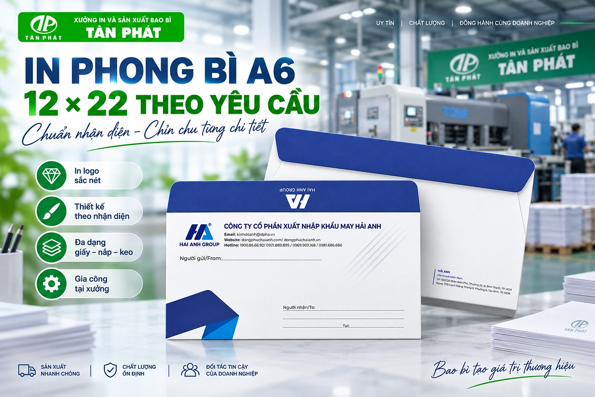 Mẫu phong bì A6 12 × 22 cm in logo theo yêu cầu của doanh nghiệp