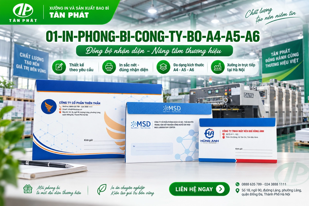 Bộ phong bì công ty A4 A5 A6 đồng bộ logo và màu nhận diện