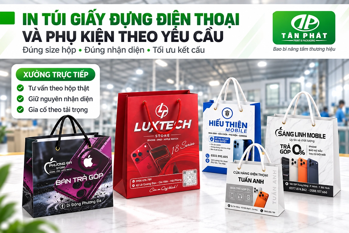 In túi giấy đựng điện thoại và phụ kiện theo yêu cầu tại Bao bì Tân Phát