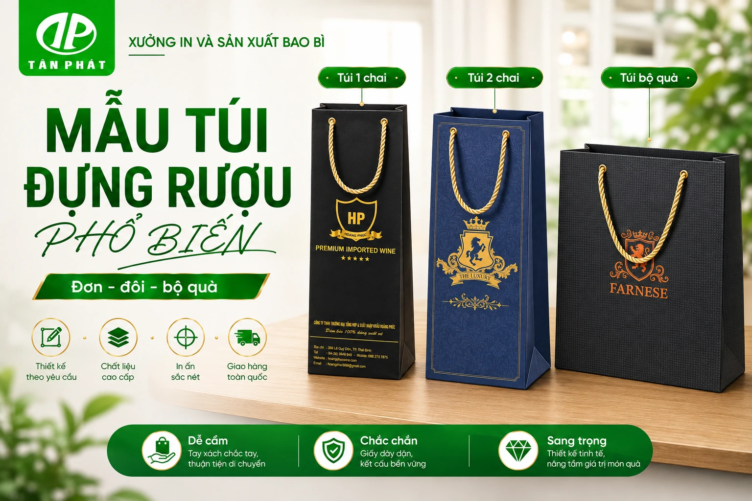 Mẫu túi giấy đựng rượu theo yêu cầu đặt trên bàn, thể hiện túi một chai và nhận diện thương hiệu rõ ràng