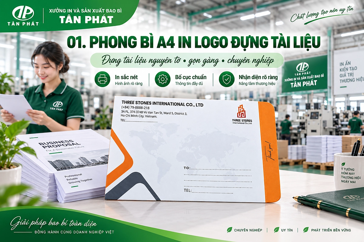 Phong bì A4 in logo đặt cạnh bộ tài liệu nguyên tờ chưa gấp