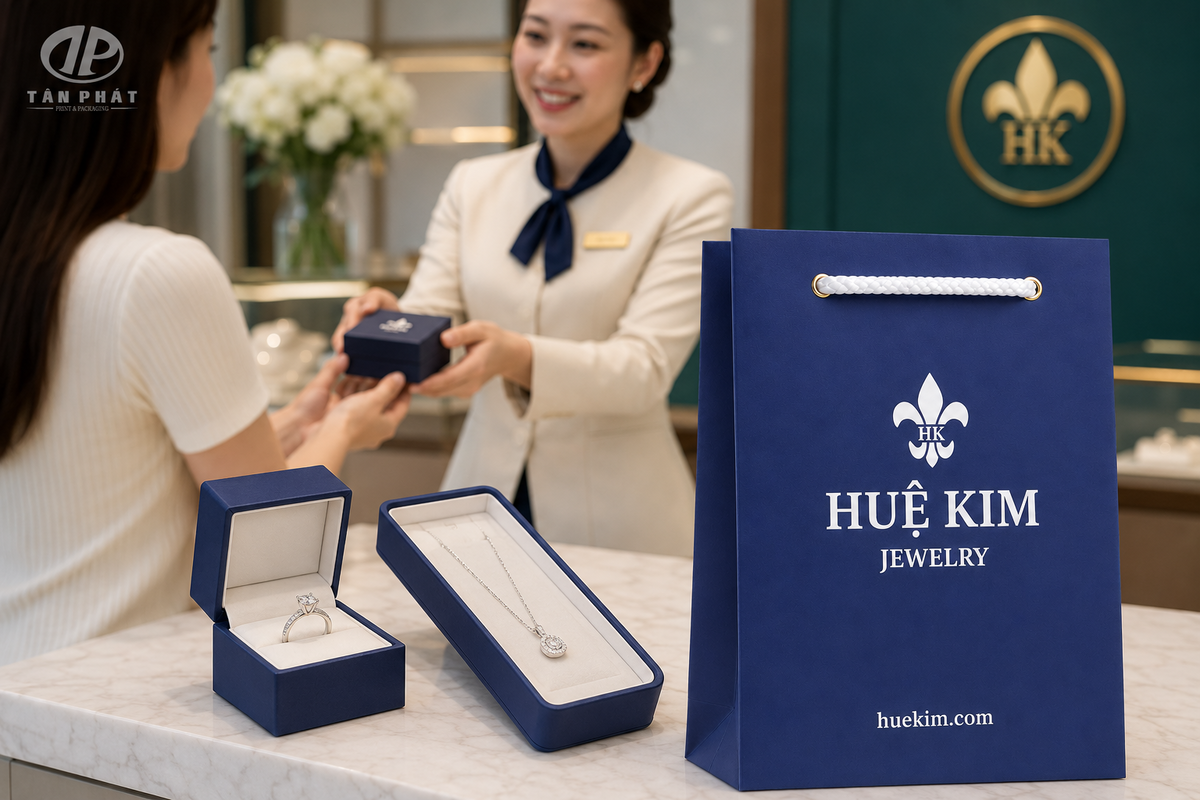 Bộ túi giấy và hộp đựng trang sức đồng bộ nhận diện