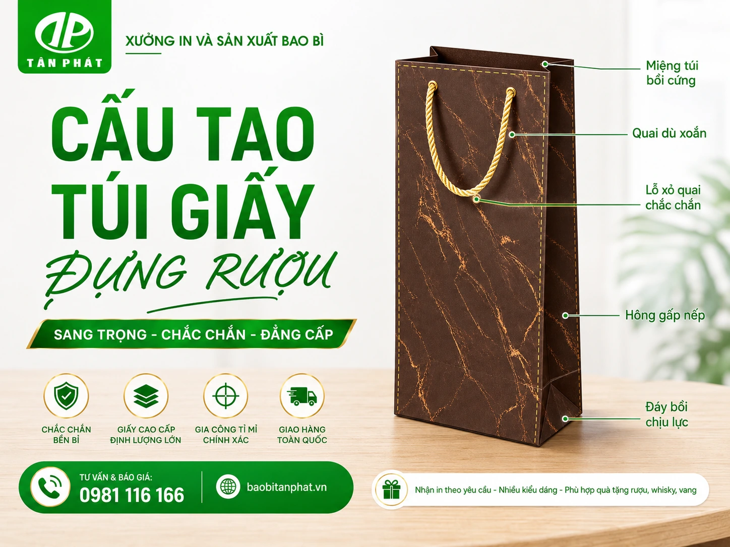 Cấu tạo túi giấy đựng rượu với phần bồi đáy, bồi miệng, lỗ quai và vùng chịu lực