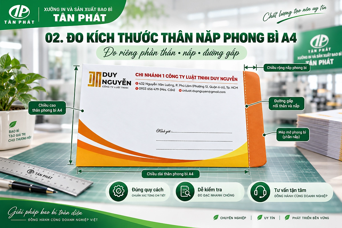Đo riêng kích thước thân, phần nắp và đường gấp của phong bì A4
