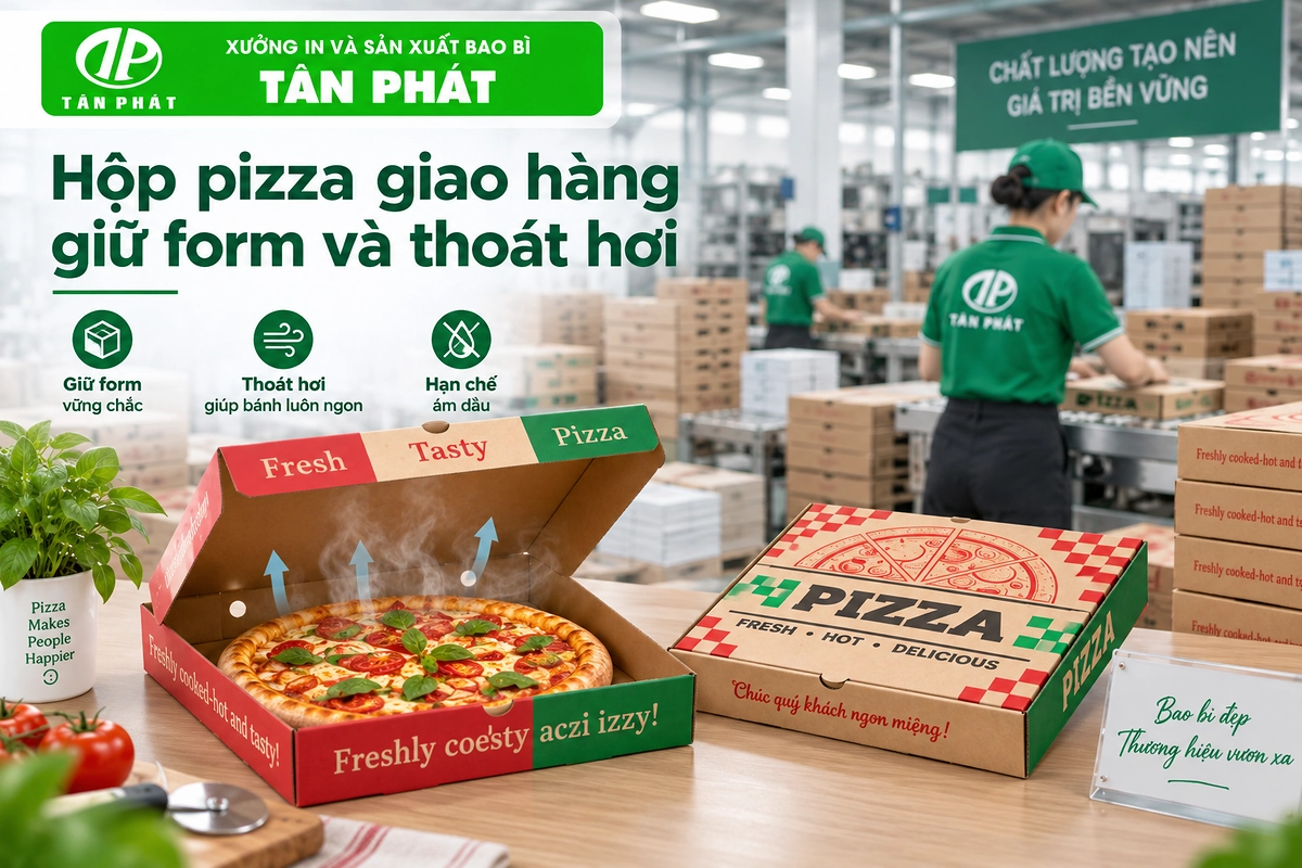 Hộp pizza giao hàng cần giữ form và kiểm soát hơi nước