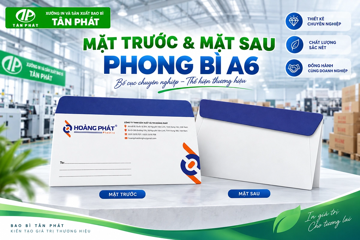 Mặt trước và mặt sau phong bì A6 với bố cục nhận diện thương hiệu