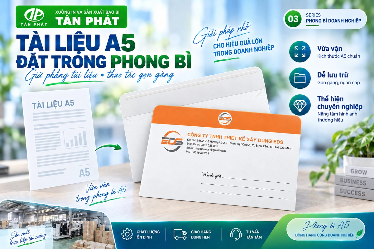 Phong bì A5 kích thước thân 16 x 23 cm theo quy cách Tân Phát đang giới thiệu